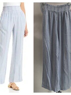 RAILS Newport Stripe Blue White BRENDON Linen Blend Wide Leg Pull On Pant
